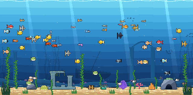 The Endless Aquarium: a pixel-art tank full of colourful fish, kelp, ruins and a treasure chest